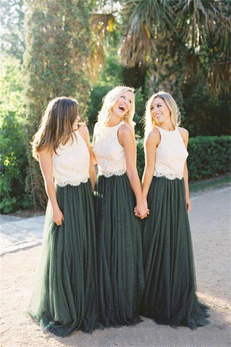 2 Pieces Ivory And Green Long Lace Tulle Beautiful Simple Bridesmaid Dresses