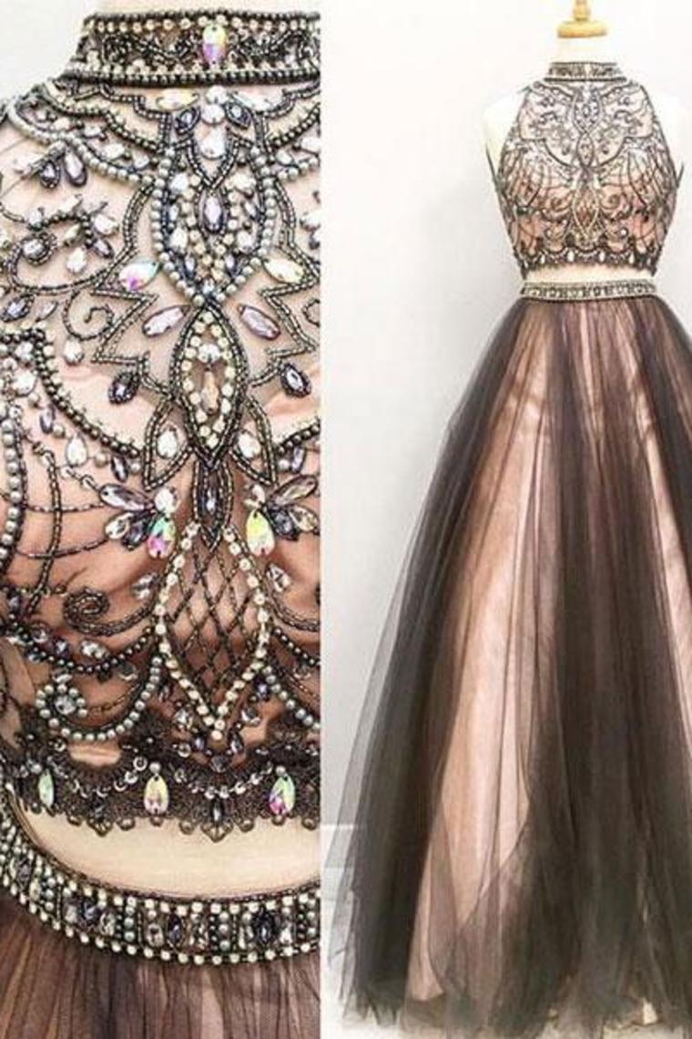 2 Pieces Long Black And Pink Modest Beading A-Line Prom Dresses