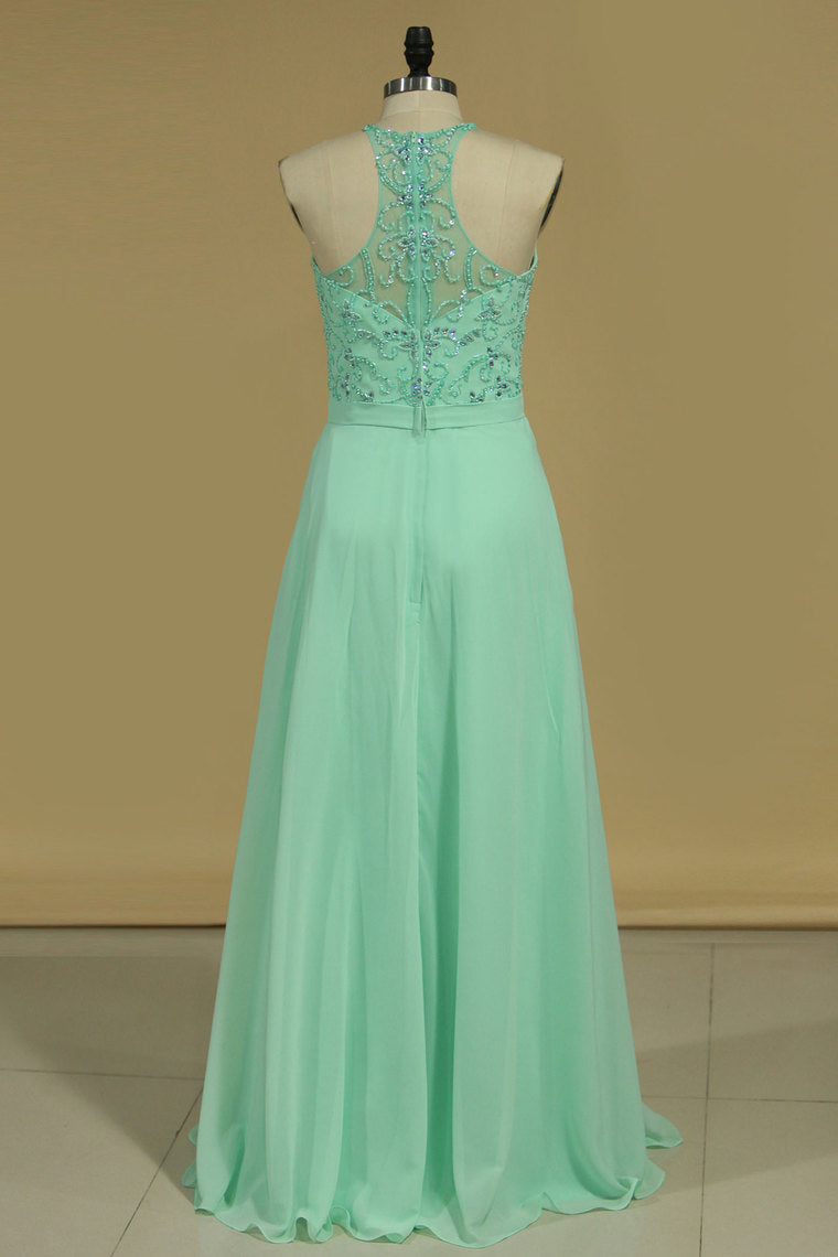 2024 A Line Prom Dresses Spaghetti Straps Beaded Bodice Chiffon