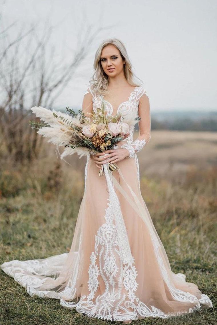 Long Sleeves Boho Wedding Dress With Appliques Mermaid Tulle