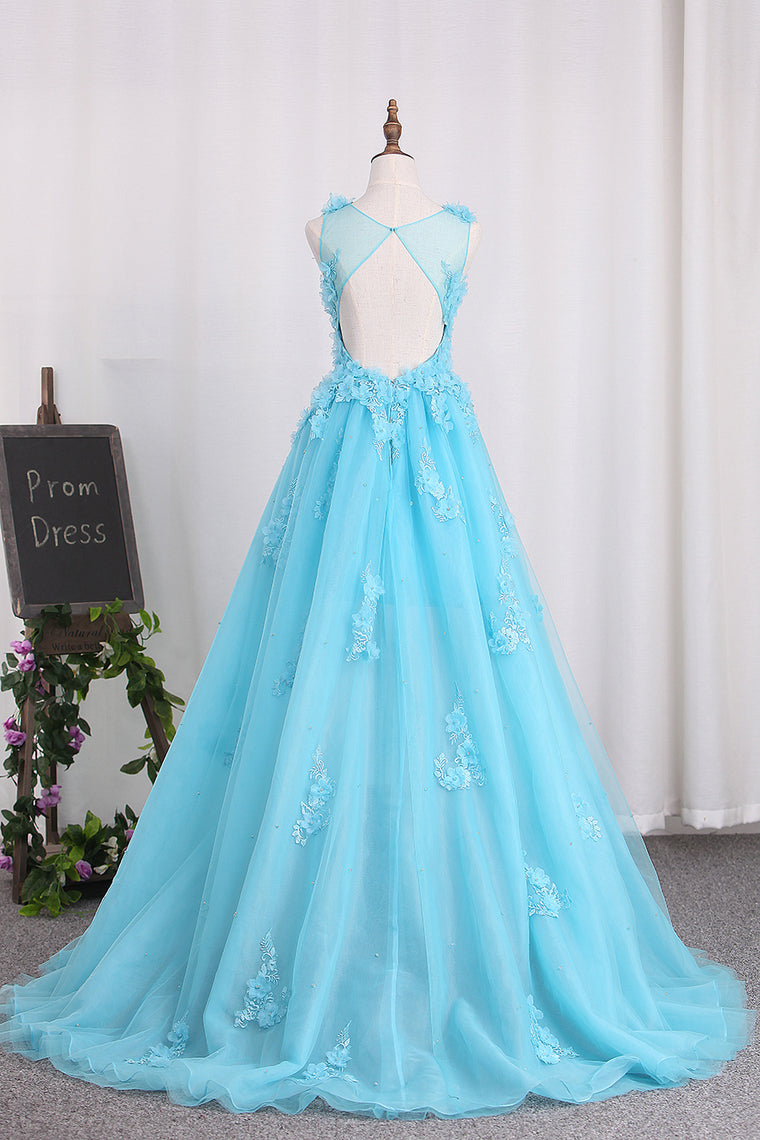 2024 A Line Prom Dresses Tulle Bateau With Applique And Handmade Flower Sweep Train