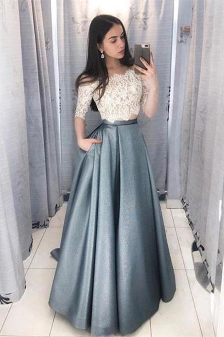 2 Pieces Long Lace Satin A-Line Elegant Prom Dresses For Teens